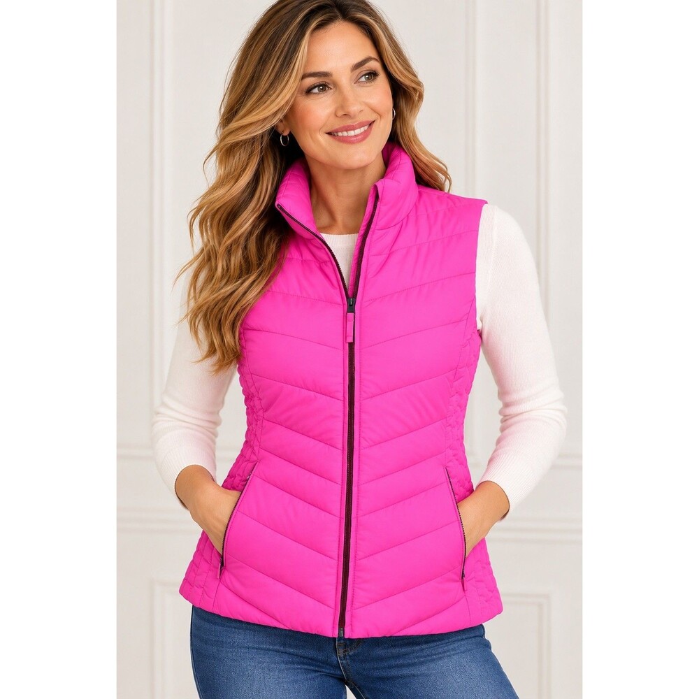 Talbots Petite Women's PS Hot Pink Quilted Puffer Vest  Zip Pockets Barbicore